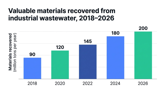 Bar chart showing valuable materials recovered from industrial wastewater, 2018–2026 — data visualization for materials recovered (million tons per year)
