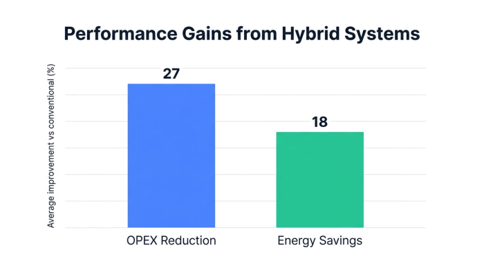 Bar chart showing performance gains from hybrid systems — data visualization for average improvement vs conventional (%)