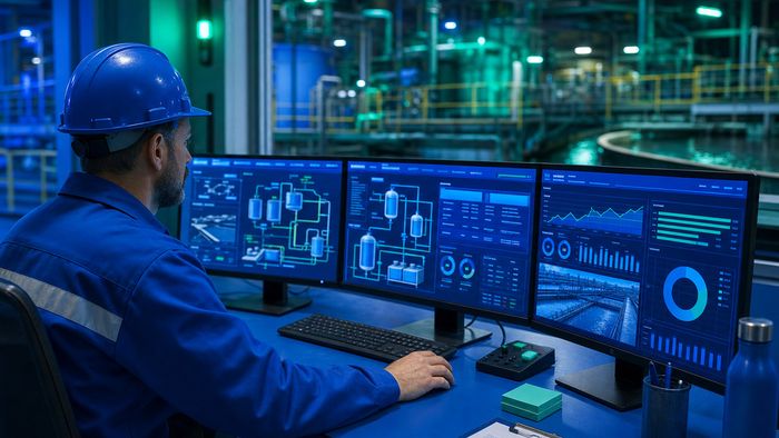 Visualizes the modern digital transformation of water treatment centers through software.