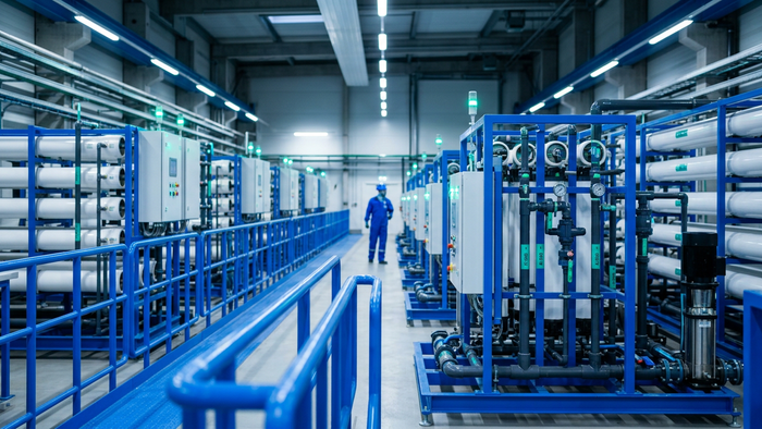 Industrial interior showing ultrafiltration racks and reverse osmosis skids in a clean, modern ZLD pretreatment facility