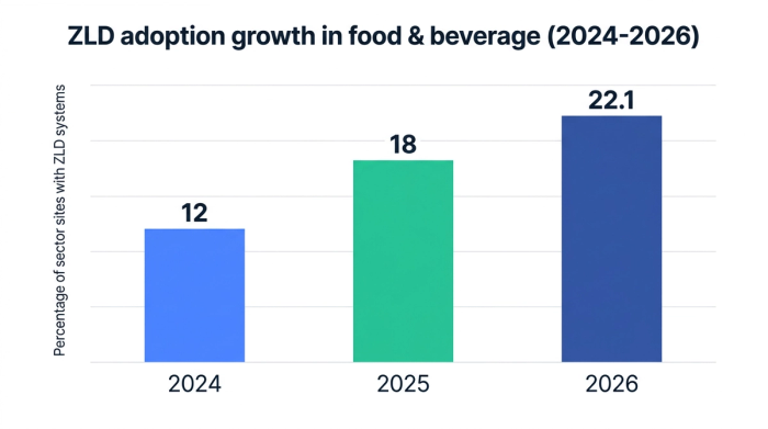 Bar chart showing zld adoption growth in food & beverage (2024-2026) — data visualization for percentage of sector sites with zld systems