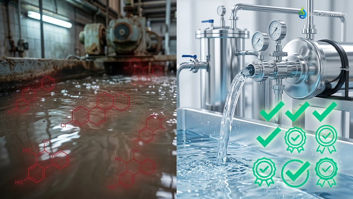 Split-screen comparison showing PFAS-contaminated industrial wastewater with molecular structures on left versus crystal-clear treated water from advanced filtration system with compliance certifications on right