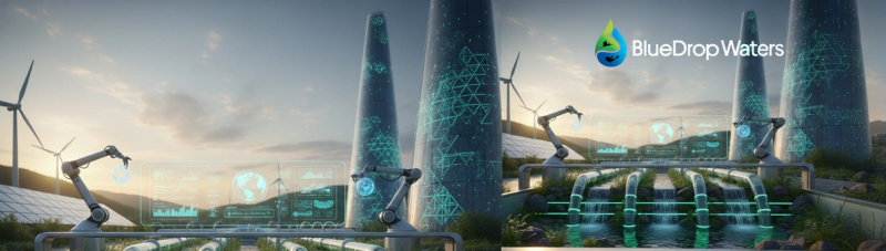 A modern representation of sustainable water management showcasing clean water, eco-friendly technology, and AI integration.
