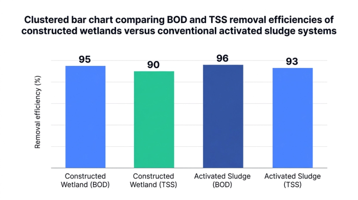 Bar chart showing clustered bar chart comparing bod and tss removal efficiencies of constructed wetlands versus conventional activated sludge systems — data visualization for removal efficiency (%)
