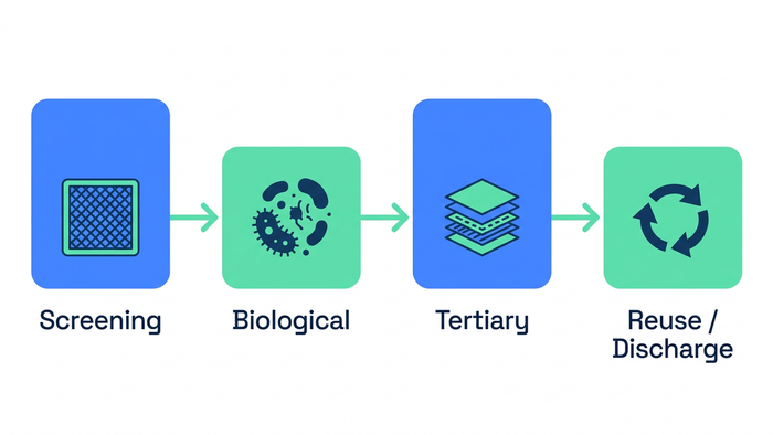 Flat vector illustration of a sequential multi-barrier industrial water treatment train from screening through biological, tertiary, and reuse or discharge stages