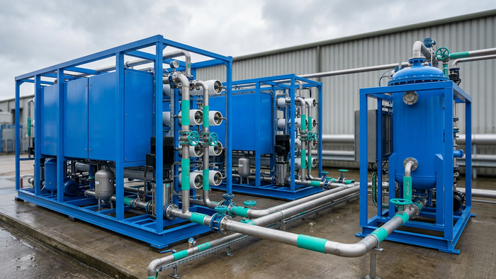 Outdoor industrial site showing RO skids and a compact evaporator unit connected by visible pipework in a hybrid ZLD installation