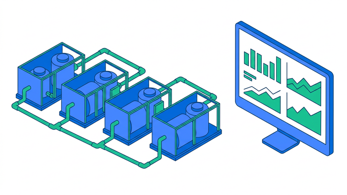 Flat isometric illustration of a modular ZLD plant with interconnected skids on the left and a data analytics monitoring screen on the right