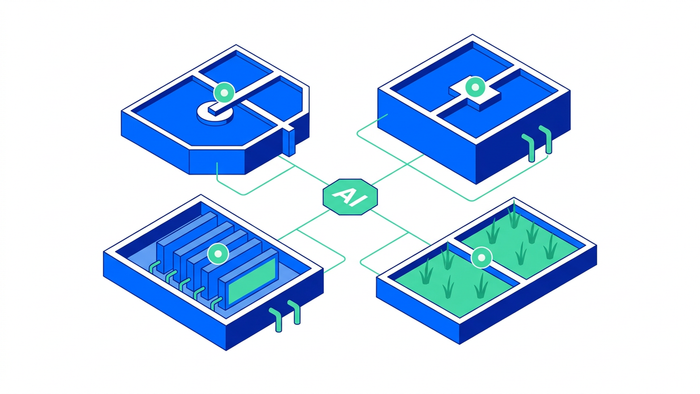 Flat isometric illustration of a hybrid wastewater treatment plant with sensor icons and a central AI control node connected to each treatment unit