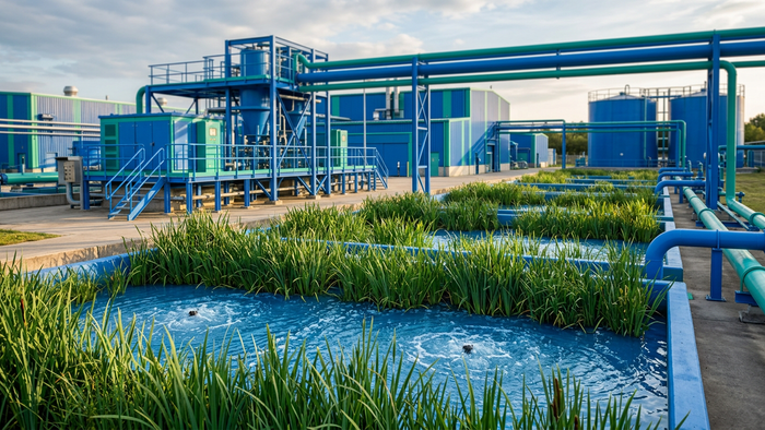 Industrial site showing aerated constructed wetland cells with planted basins adjacent to factory buildings and treatment infrastructure