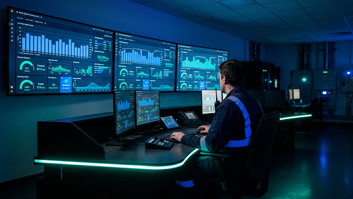 Editorial photograph of a small utility control room operator from behind viewing digital water management dashboards on large screens