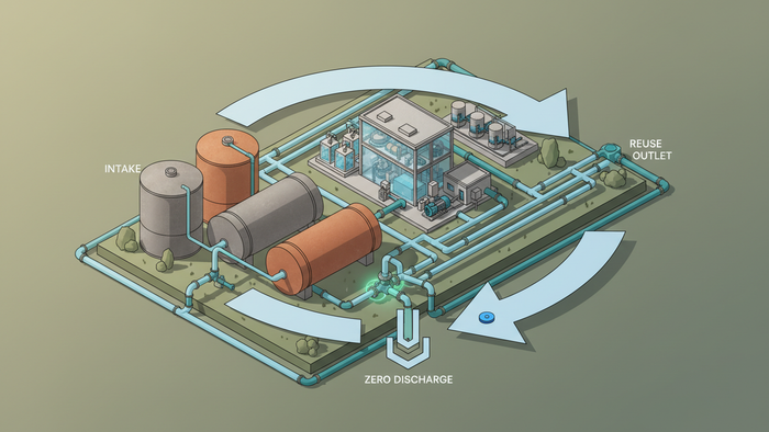 Isometric industrial facility with interconnected water treatment tanks and pipes forming a circular reuse loop that illustrates intake, treatment, reuse, and a zero discharge endpoint.