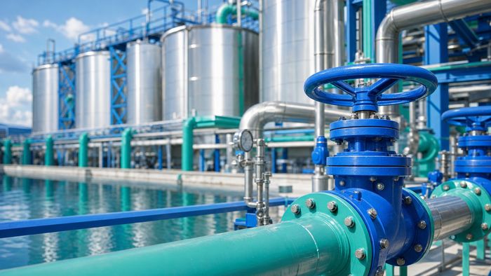 Provide a high-fidelity visual of a modern, clean industrial water treatment environment.