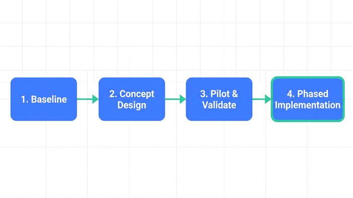 Horizontal four-step action plan diagram showing the roadmap from baseline assessment to phased implementation of hybrid treatment trains