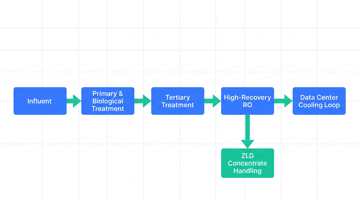 Left-to-right process flow diagram showing wastewater moving through primary treatment, tertiary treatment, RO, and into data center cooling with a ZLD branch