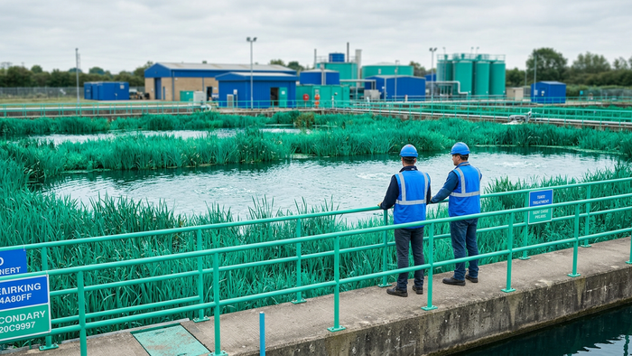 Two engineers in safety vests on a walkway overlooking an aerated constructed wetland with a compact water treatment plant in the background