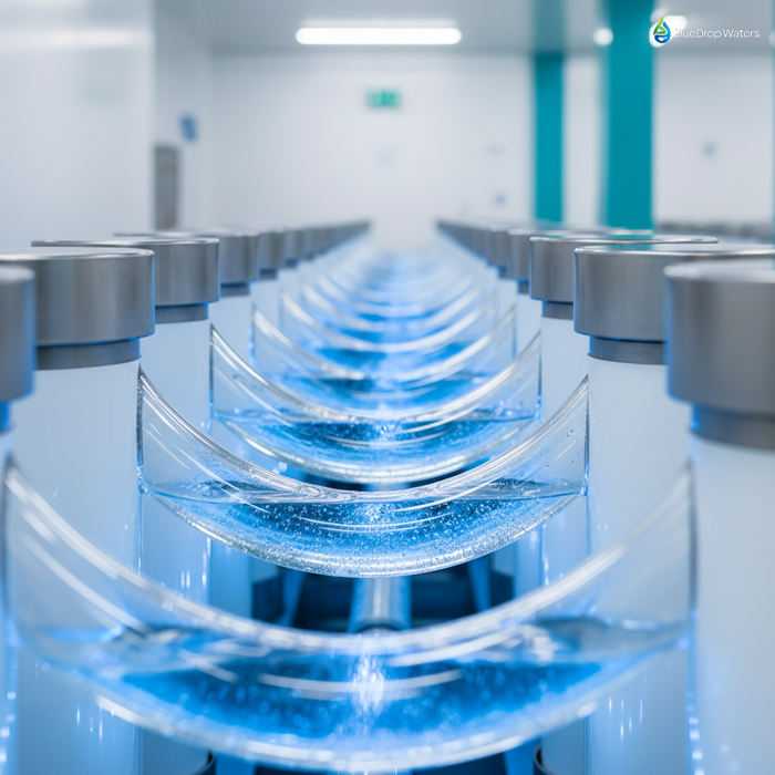 Close-up of advanced reverse osmosis membrane modules with purified water flowing through transparent pipes in modern water treatment facility, showcasing membrane filtration technology for sustainable water recycling