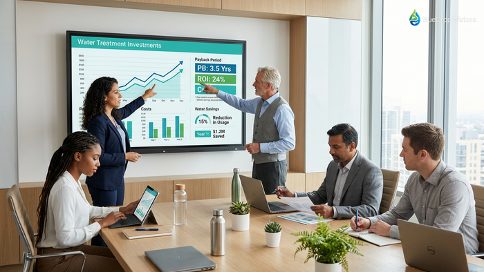Diverse executive team in modern boardroom reviewing zero liquid discharge ROI calculations and water treatment investment data on interactive display showing payback periods and financial projections