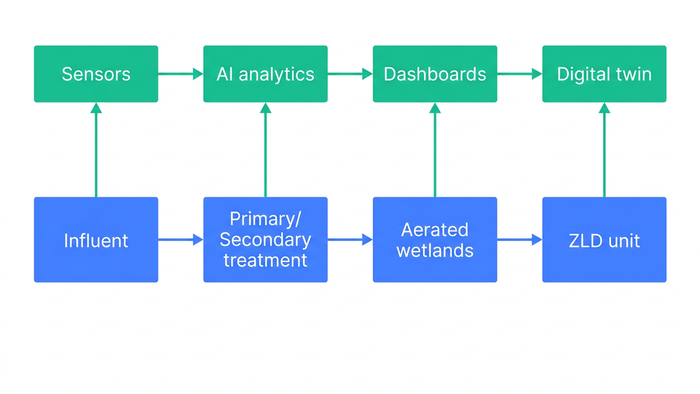 Block diagram showing BlueDrop Waters integrated architecture from influent through treatment units, ZLD, sensors, AI analytics, dashboards, and digital twin