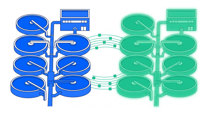 Flat illustration of a physical wastewater treatment plant mirrored by a transparent digital twin with data streams connecting them