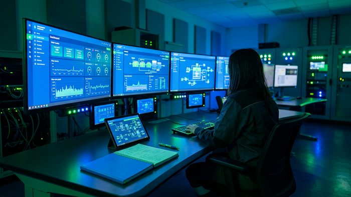 Modern wastewater treatment plant control room with large screens displaying real-time water quality dashboards and process diagrams
