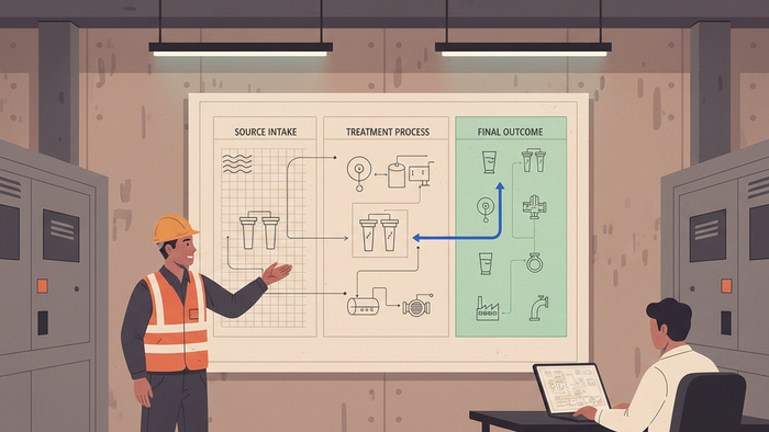 A water treatment engineer in hard hat points to a wall-mounted three-stage process diagram—source intake, treatment, and outcome—in an industrial control room, while an analyst reviews data on a laptop.