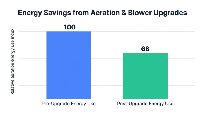 Bar chart showing energy savings from aeration & blower upgrades — data visualization for relative aeration energy use index