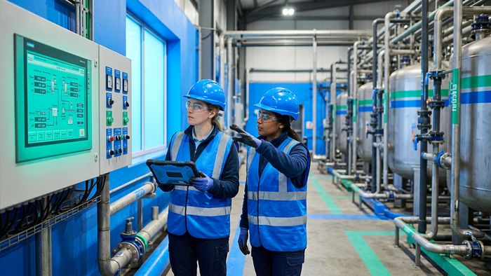Editorial photograph of engineers inspecting industrial water treatment equipment and control panels at a ZLD facility