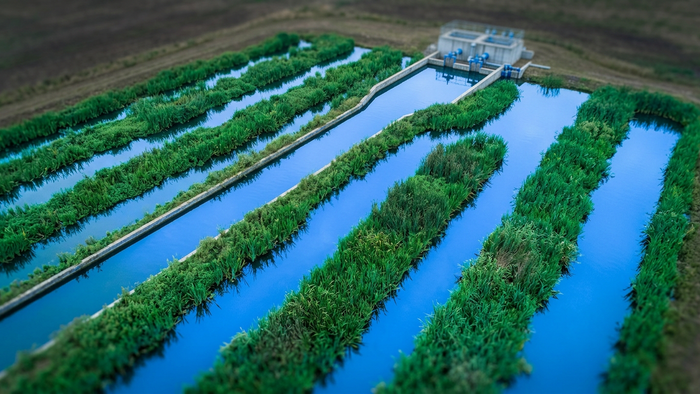 Aerial view of a constructed wetland facility with water channels and vegetation integrated into a landscape