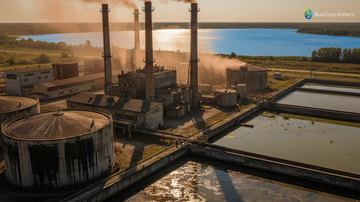 Traditional industrial facility with wastewater treatment infrastructure showing environmental impact, contrasted against pristine natural water body in background during golden hour