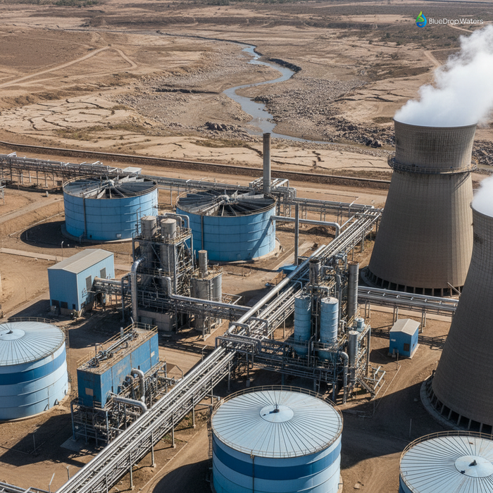 Industrial water treatment facility with large tanks and pipelines in foreground against drought-stricken landscape with cracked earth, illustrating water scarcity crisis in manufacturing