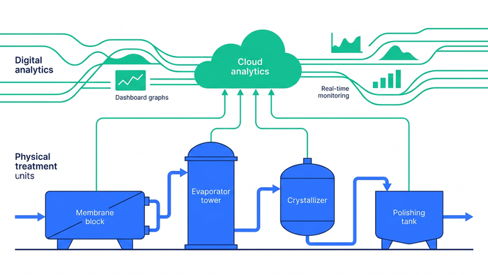 Flat editorial illustration of a hybrid ZLD treatment train with interconnected units and AI data analytics elements above
