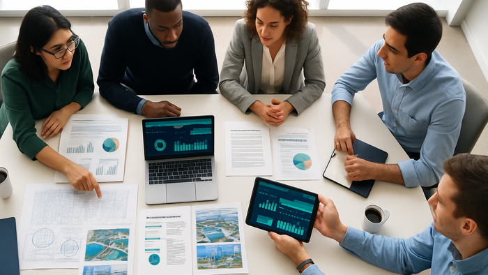 Overhead view of diverse water treatment professionals collaborating over blueprints, sustainability reports, and digital dashboards during strategic planning session
