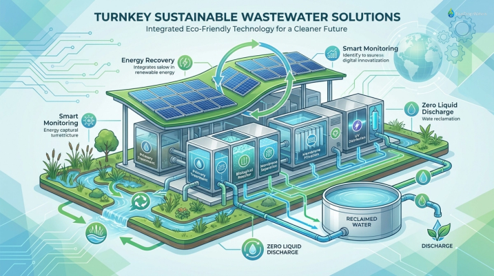 Illustration of a modern turnkey wastewater treatment facility highlighting eco-friendly technologies.