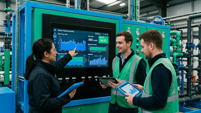 Engineers and plant operators reviewing ZLD system performance dashboards together at a control panel inside a water treatment facility