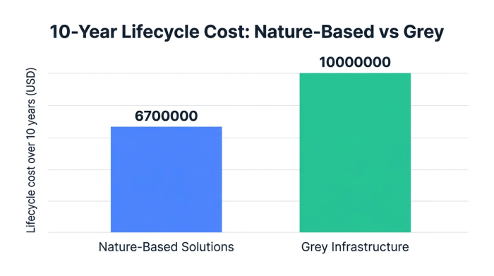 Bar chart showing 10-year lifecycle cost: nature-based vs grey — data visualization for lifecycle cost over 10 years (usd)