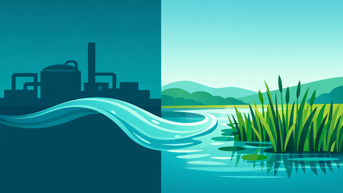 Conceptual flat illustration showing the connection between industrial wastewater discharge and ecological restoration through aerated constructed wetlands