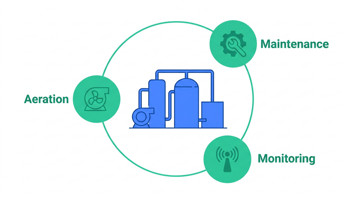 Flat illustration of three high-impact AI opportunities — aeration, maintenance, and monitoring — as callout circles around a central wastewater plant icon