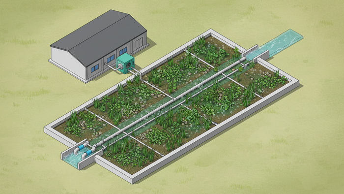 Isometric aerial view of an aerated constructed wetland beside an industrial building, showing planted gravel beds with aeration pipes, inflow and outflow channels, and a blower unit accent in teal and blue brand colors.
