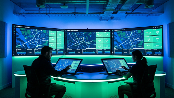 Modern water utility control room with large wall screens displaying network dashboards and operators at consoles