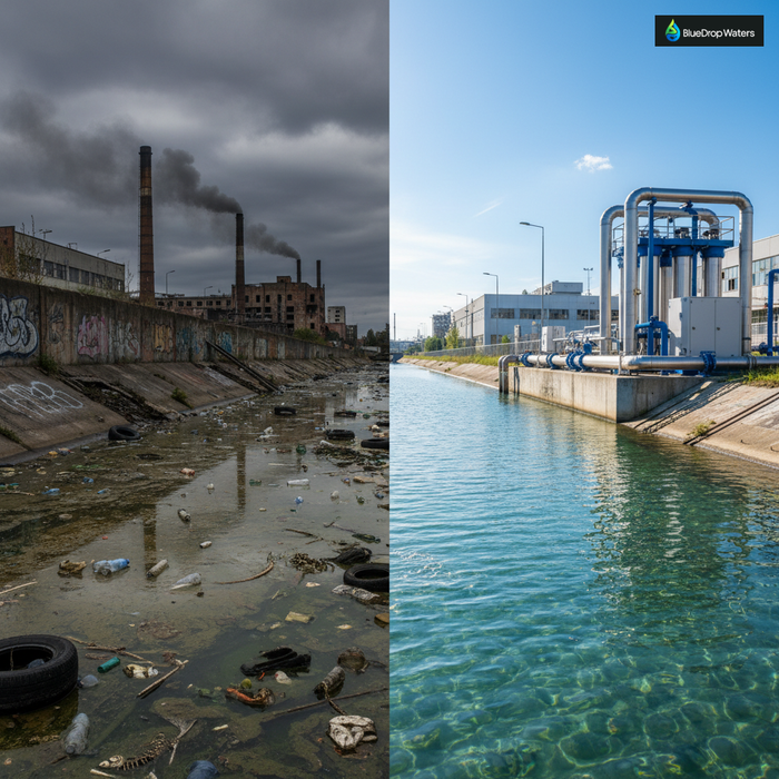 Split-screen comparison showing polluted urban water body with industrial waste on left versus modern water treatment infrastructure with clean flowing water on right, illustrating transformation in Indian cities