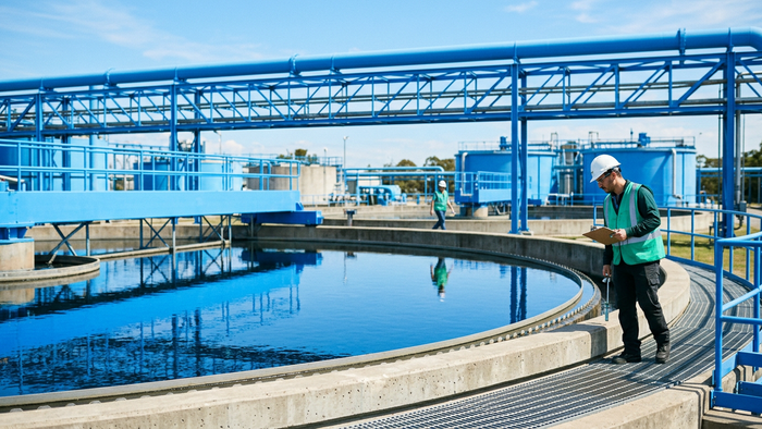 Exterior wide shot of an industrial wastewater treatment facility with large circular tanks and a worker in safety gear inspecting equipment