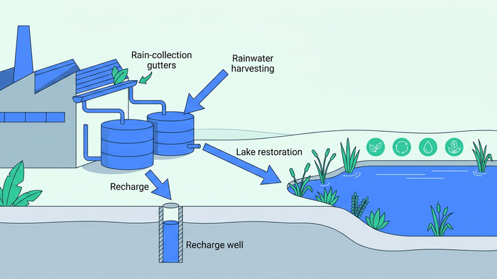 Flat environmental illustration showing a factory with roof rainwater collection, storage tanks, recharge wells, and a restored lake nearby