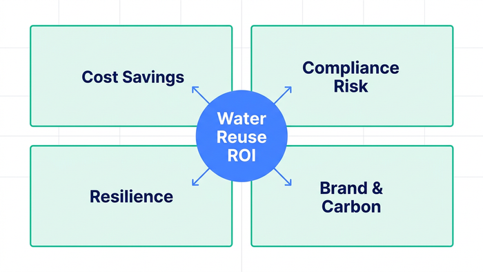 2x2 quadrant diagram illustrating the 4D ROI framework for industrial water reuse with a central circle and four labeled quadrants
