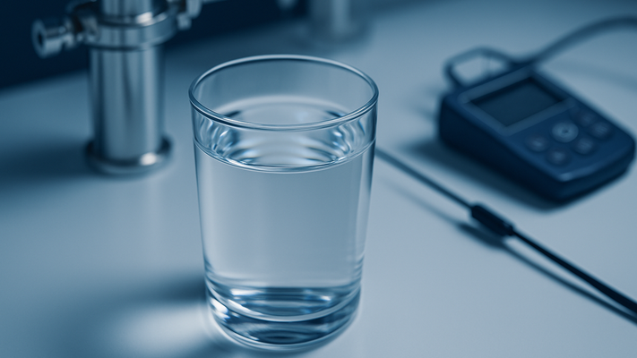 Crystal clear glass of purified water on laboratory surface with advanced filtration equipment in background, representing PFAS-free drinking water