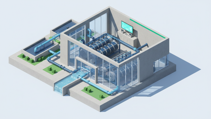 A large modern water treatment facility building with membrane filtration units, a digital monitoring dashboard, and water reuse flow pipes in an isometric outdoor plant setting. Brand colors as subtle accents.