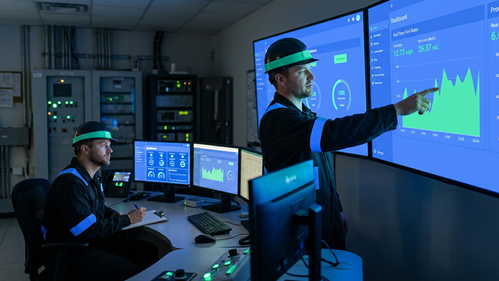 Industrial control room with two technicians monitoring water treatment dashboards during ZLD system commissioning