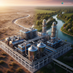 Modern industrial Zero Liquid Discharge facility with blue-lit water treatment equipment achieving net-zero water goals against a landscape showing environmental transformation