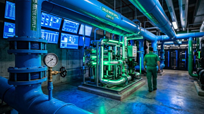 Editorial photograph of a modern data center mechanical room with cooling pipes, water treatment equipment, and monitoring screens showing real-time data