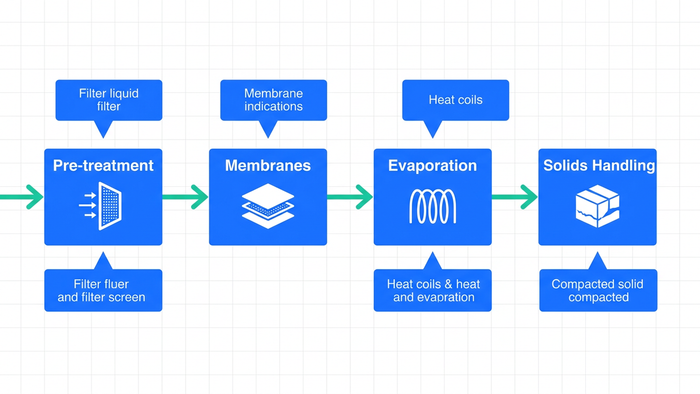 Four-stage process flow diagram of a zero liquid discharge system from pre-treatment to solids handling