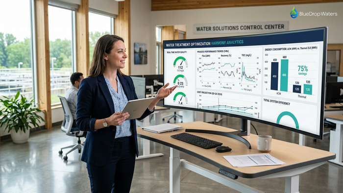 Professional facility manager reviewing water treatment analytics dashboard showing performance metrics and cost comparisons for sustainable wastewater treatment systems